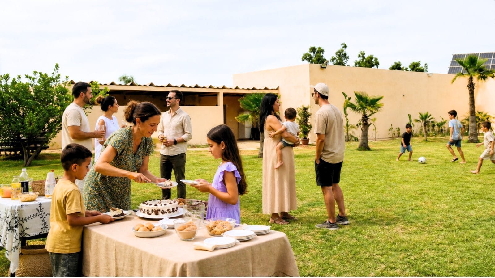 Table de fête dressée dans le jardin pour un anniversaire près de Rabat à Farm Eden